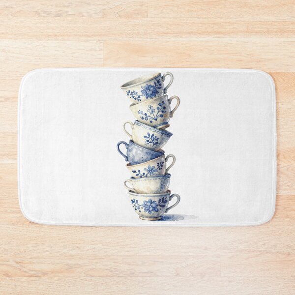 Item preview, Stacked Blue and White Teacups Watercolor Vintage Floral Art designed and sold by WildArtIT.