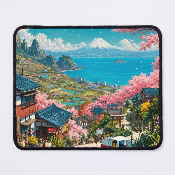 Item preview, Futuristic Japan Fantasy Landscape – Cherry Blossoms, Turquoise Lake & Mount Fuji designed and sold by IRON SIREN.