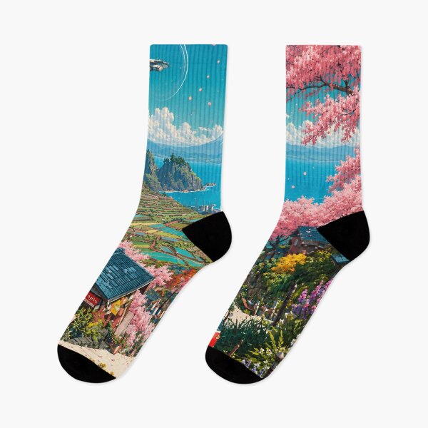Item preview, Futuristic Japan Fantasy Landscape – Cherry Blossoms, Turquoise Lake & Mount Fuji designed and sold by IRON SIREN.