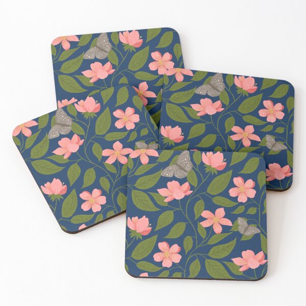 Item preview, Navy Blue and Pink Trailing Floral Vine with Moths designed and sold by BHDigitalArt.