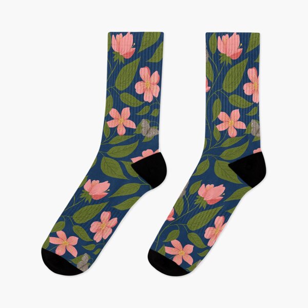 Item preview, Navy Blue and Pink Trailing Floral Vine with Moths designed and sold by BHDigitalArt.