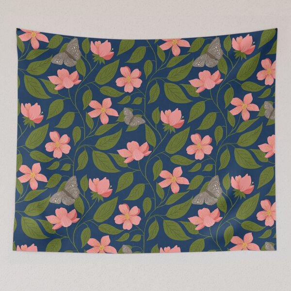 Item preview, Navy Blue and Pink Trailing Floral Vine with Moths designed and sold by BHDigitalArt.