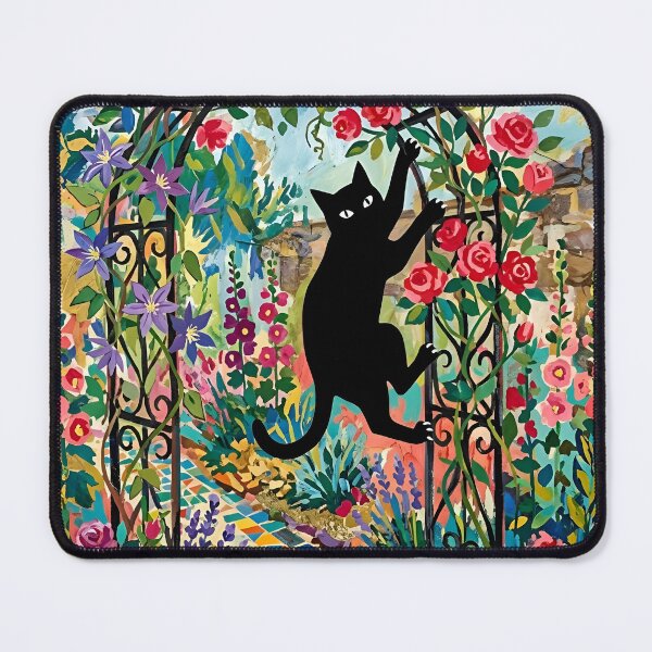 Item preview, Playful Black Cat Climbing Rose Garden Arch Matisse Style Print designed and sold by DuckOddity.