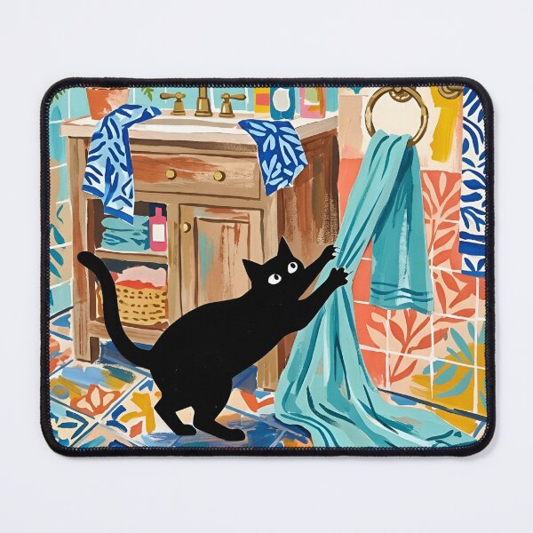 Item preview, Naughty Black Cat Pulling Towel in Bathroom Matisse Style Wall Art designed and sold by DuckOddity.