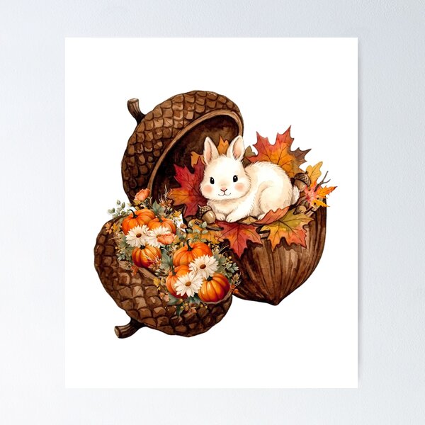 Item preview, Lindo conejito de acuarela entre bellotas, hojas de otoño y calabazas. Diseño otoñal estilo cottagecore. designed and sold by VibranPalette.
