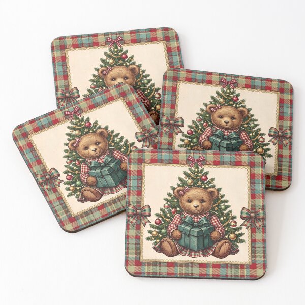 Item preview, Vintage Christmas Girl Teddy Bear Plaid designed and sold by Miss Sassy Party Designs.