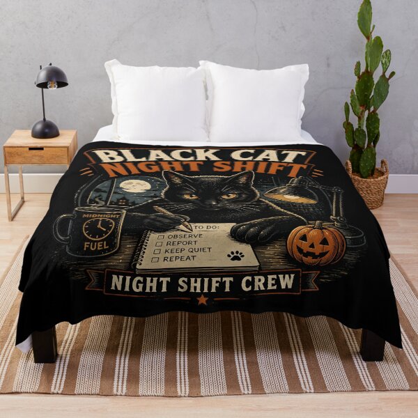 Item preview, BLACK CAT NIGHT SHIFT Night Shift Crew Halloween Vintage Screen Print designed and sold by LiviuGligoros.