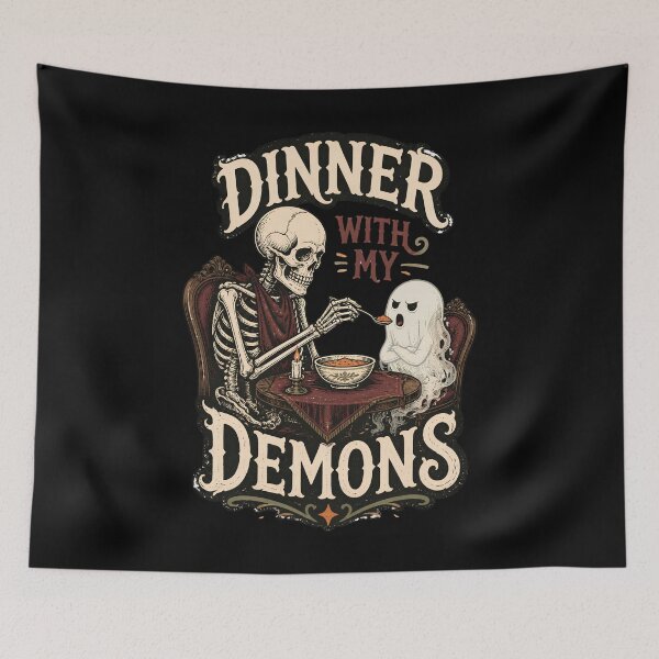 Item preview, Dinner With My Demons – Gothic Skeleton & Ghost Dark Humor designed and sold by CalmDownZone ⭐️⭐️⭐️⭐️⭐️.