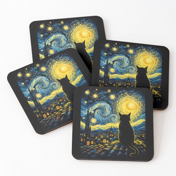 Item preview, Dreamy Black Cat Under a Starry Swirling Night Sky Painting designed and sold by MiALopezArt.