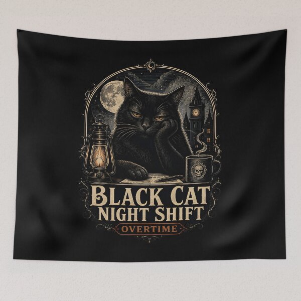 Item preview, BLACK CAT NIGHT SHIFT Overtime Halloween Gothic Engraving designed and sold by LiviuGligoros.