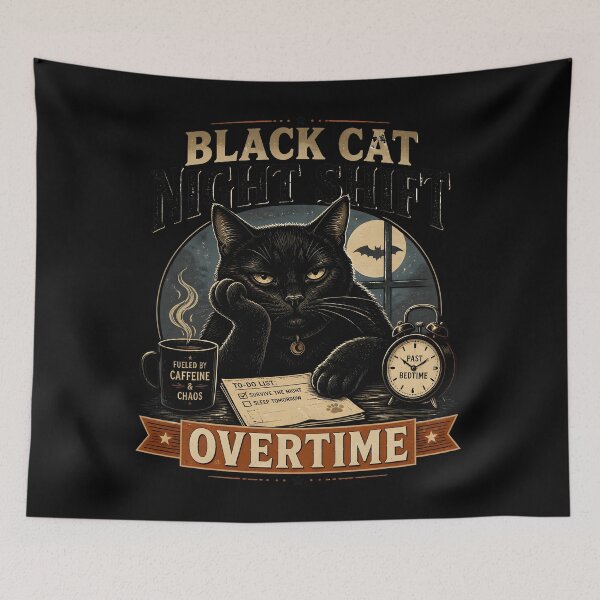 Item preview, BLACK CAT NIGHT SHIFT Overtime Halloween Vintage Screen Print designed and sold by LiviuGligoros.