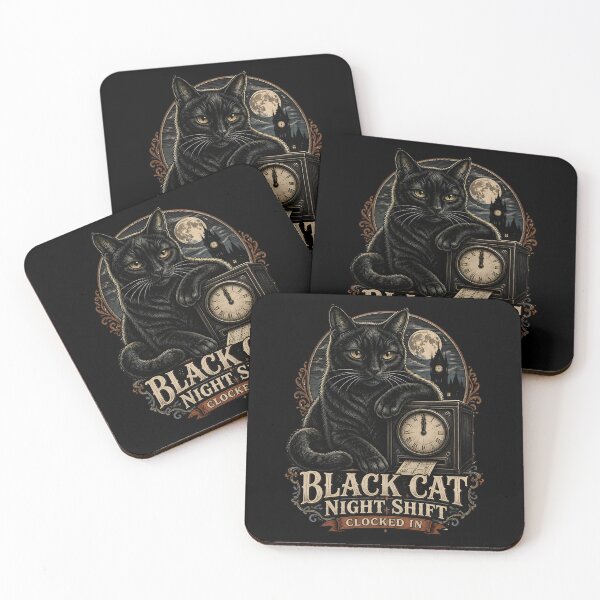 Item preview, BLACK CAT NIGHT SHIFT Clocked In Halloween Gothic Engraving designed and sold by LiviuGligoros.