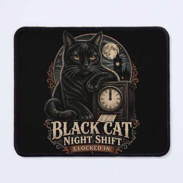 Item preview, BLACK CAT NIGHT SHIFT Clocked In Halloween Gothic Engraving designed and sold by LiviuGligoros.
