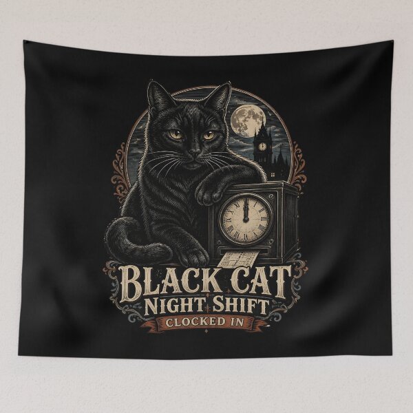 Item preview, BLACK CAT NIGHT SHIFT Clocked In Halloween Gothic Engraving designed and sold by LiviuGligoros.