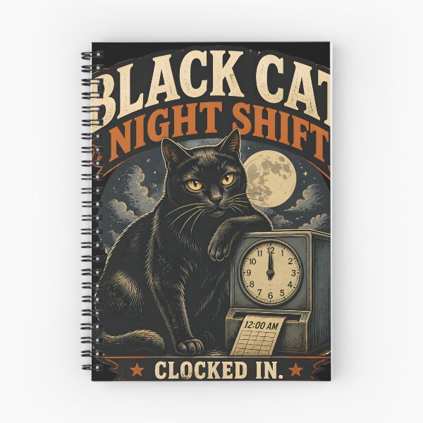 Item preview, BLACK CAT NIGHT SHIFT Clocked In Halloween Vintage Screen Print designed and sold by LiviuGligoros.