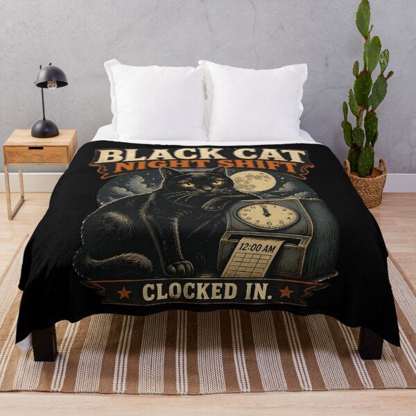 Item preview, BLACK CAT NIGHT SHIFT Clocked In Halloween Vintage Screen Print designed and sold by LiviuGligoros.