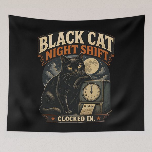 Item preview, BLACK CAT NIGHT SHIFT Clocked In Halloween Vintage Screen Print designed and sold by LiviuGligoros.