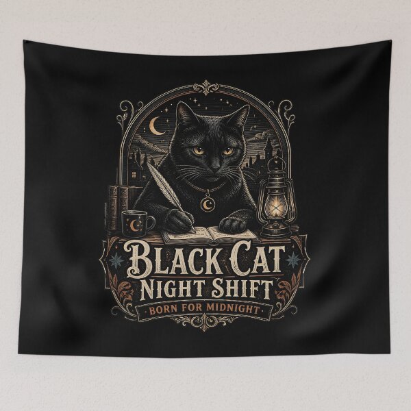 Item preview, BLACK CAT NIGHT SHIFT Born for Midnight Halloween Gothic Engraving designed and sold by LiviuGligoros.