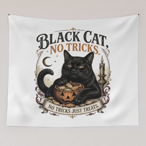 Item preview, BLACK CAT, NO TRICKS No Tricks Just Treats Halloween Vintage Screen Print designed and sold by BernoNickel.
