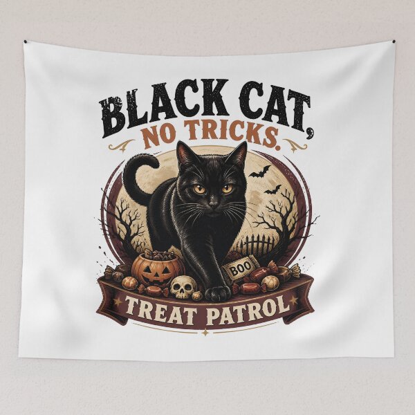 Item preview, BLACK CAT, NO TRICKS Treat Patrol Halloween Vintage Screen Print designed and sold by BernoNickel.