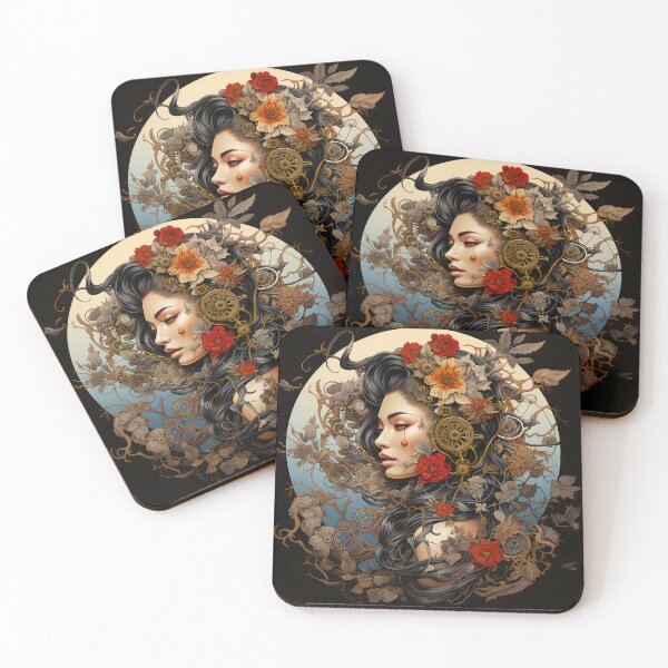 Item preview, Steampunk Woman Red Floral Clockwork Portrait designed and sold by BrandonArtWorld.