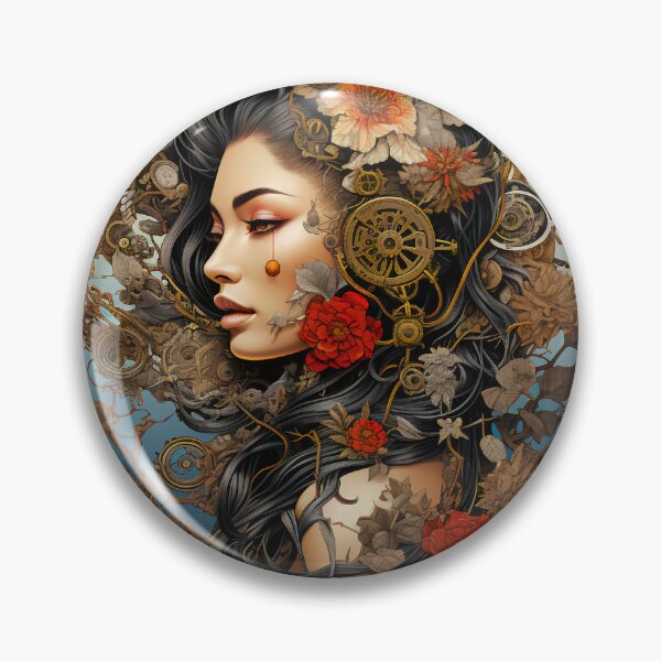 Item preview, Steampunk Woman Red Floral Clockwork Portrait designed and sold by BrandonArtWorld.