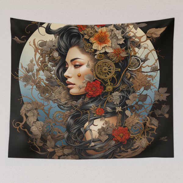 Item preview, Steampunk Woman Red Floral Clockwork Portrait designed and sold by BrandonArtWorld.