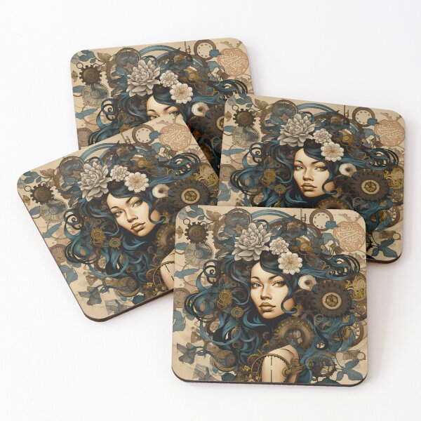 Item preview, Teal Hair Woman Floral Clockwork Portrait designed and sold by BrandonArtWorld.
