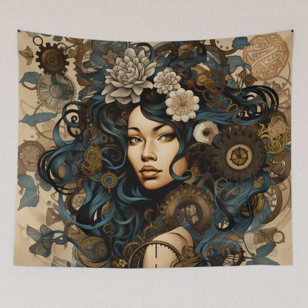 Item preview, Teal Hair Woman Floral Clockwork Portrait designed and sold by BrandonArtWorld.