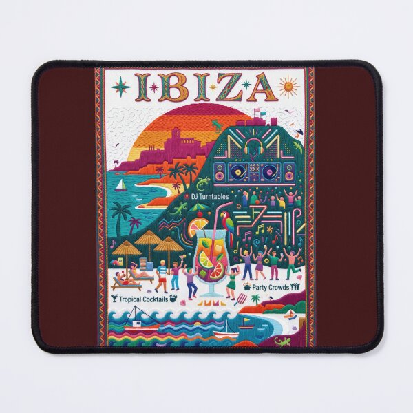Item preview, Ibiza Spain Embroidered Travel Art - Dalt Vila Sunset & Beach Party Stitched Poster designed and sold by Witsprings.