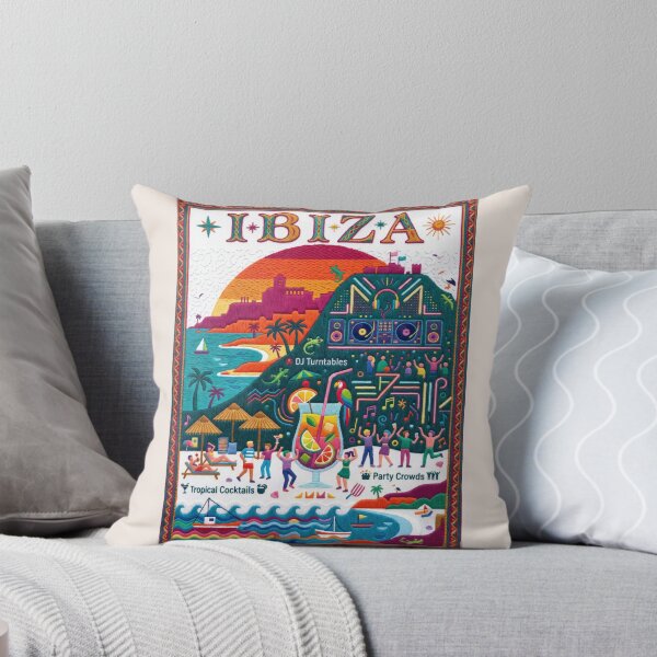 Item preview, Ibiza Spain Embroidered Travel Art - Dalt Vila Sunset & Beach Party Stitched Poster designed and sold by Witsprings.