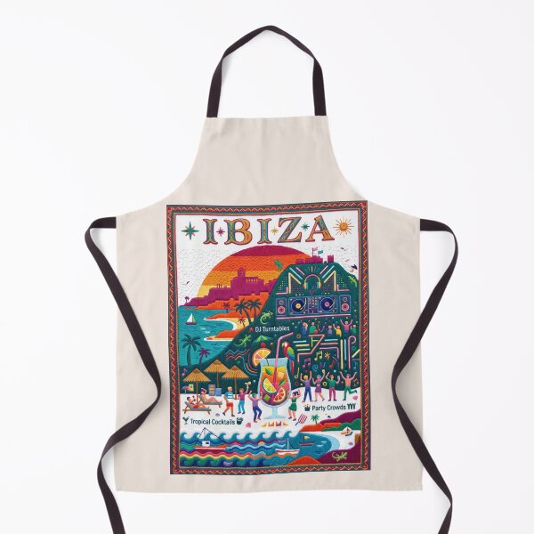 Item preview, Ibiza Spain Embroidered Travel Art - Dalt Vila Sunset & Beach Party Stitched Poster designed and sold by Witsprings.