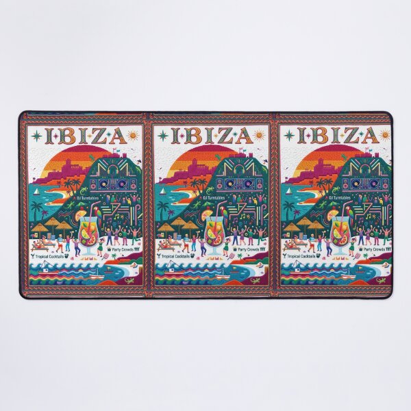 Item preview, Ibiza Spain Embroidered Travel Art - Dalt Vila Sunset & Beach Party Stitched Poster designed and sold by Witsprings.