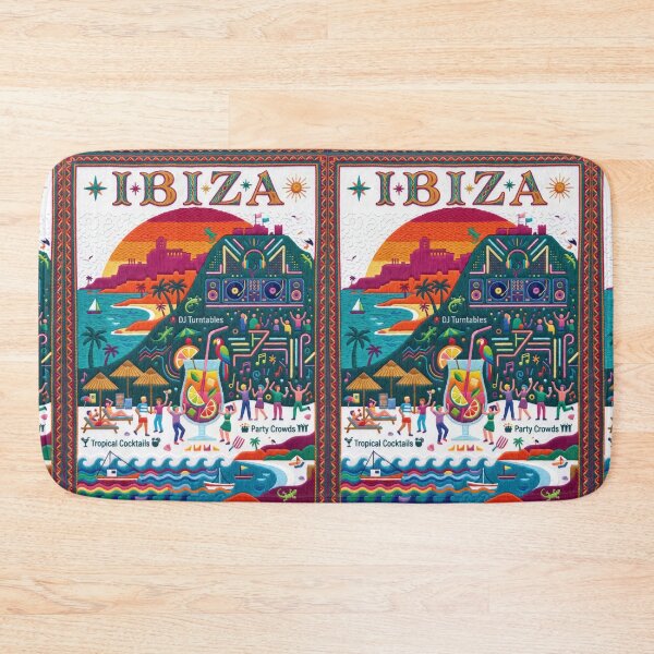 Item preview, Ibiza Spain Embroidered Travel Art - Dalt Vila Sunset & Beach Party Stitched Poster designed and sold by Witsprings.