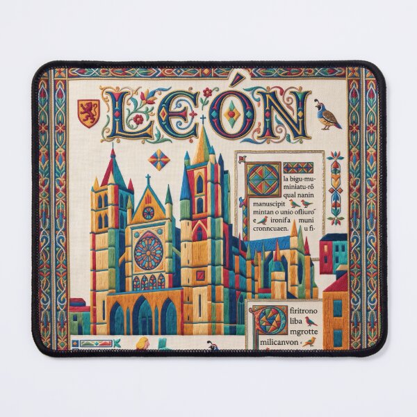 Item preview, Leon Spain Embroidered Travel Art - Cathedral & Camino de Santiago Stitched Poster designed and sold by Witsprings.
