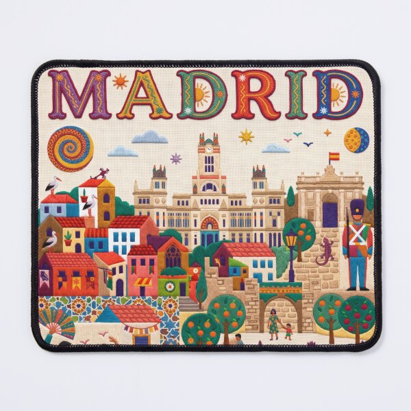 Item preview, Madrid Spain Vintage Embroidered Travel Art - Cybele Palace & Puerta de Alcala Stitched Poster designed and sold by Witsprings.