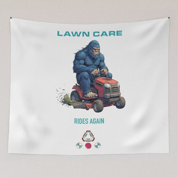 Item preview, Blue Bigfoot Mowing the Lawn Grass Cutting designed and sold by Whimsy Trail Co.