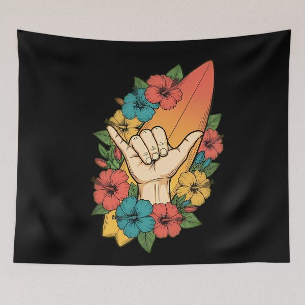 Item preview, Shaka Hand Sign With Surfboard Flowers designed and sold by Linework Studio.