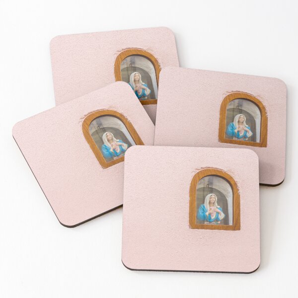 Item preview, Virgin Mary Statue in Wooden Arched Window Set Into Soft Pink Wall, Small Religious Shrine designed and sold by Nmallia.