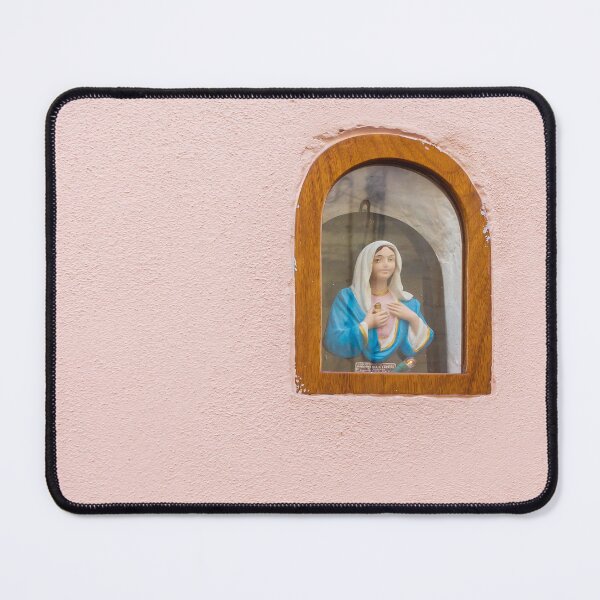 Item preview, Virgin Mary Statue in Wooden Arched Window Set Into Soft Pink Wall, Small Religious Shrine designed and sold by Nmallia.