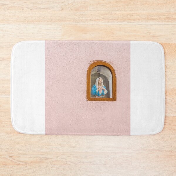 Item preview, Virgin Mary Statue in Wooden Arched Window Set Into Soft Pink Wall, Small Religious Shrine designed and sold by Nmallia.