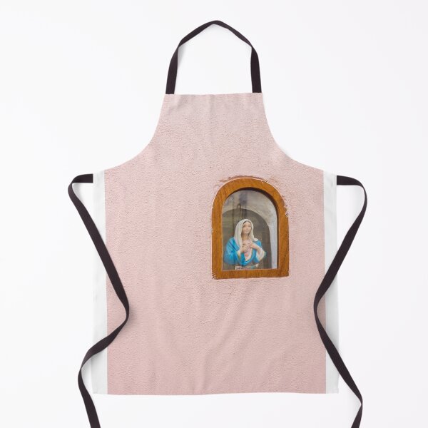 Item preview, Virgin Mary Statue in Wooden Arched Window Set Into Soft Pink Wall, Small Religious Shrine designed and sold by Nmallia.