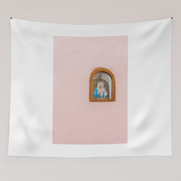 Item preview, Virgin Mary Statue in Wooden Arched Window Set Into Soft Pink Wall, Small Religious Shrine designed and sold by Nmallia.
