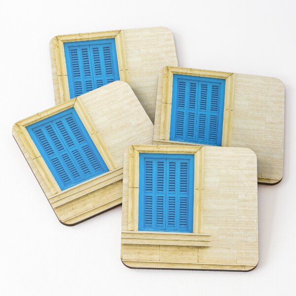 Item preview, Bright Blue Window Shutters Set in Beige Stone Wall with Frame and Sill designed and sold by Nmallia.