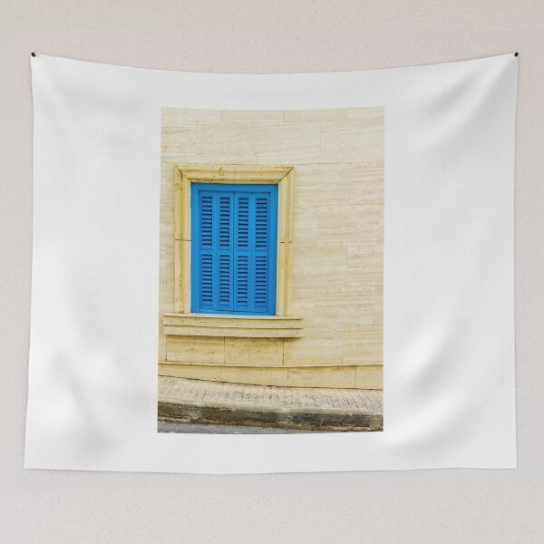 Item preview, Bright Blue Window Shutters Set in Beige Stone Wall with Frame and Sill designed and sold by Nmallia.