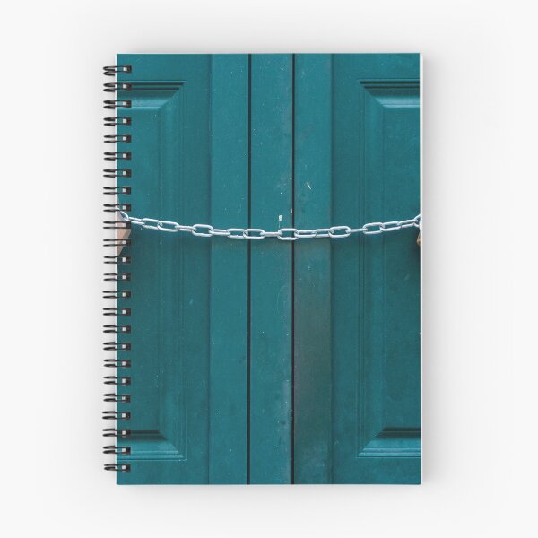 Item preview, Teal Double Doors Secured With Chains And Padlocks Across Panels Of A Metal Gate designed and sold by Nmallia.