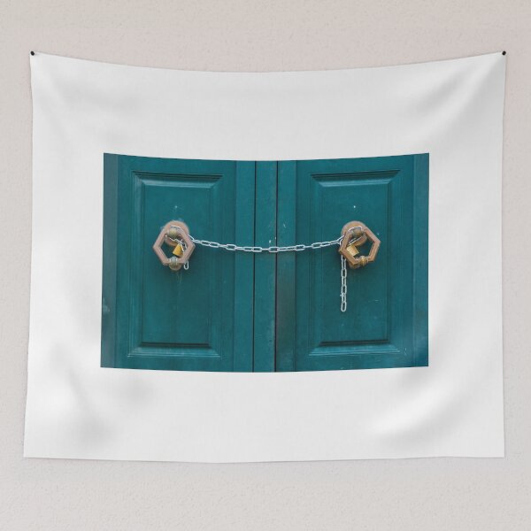 Item preview, Teal Double Doors Secured With Chains And Padlocks Across Panels Of A Metal Gate designed and sold by Nmallia.