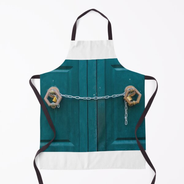 Item preview, Teal Double Doors Secured With Chains And Padlocks Across Panels Of A Metal Gate designed and sold by Nmallia.