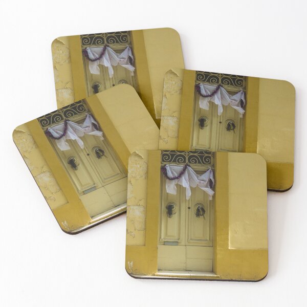 Item preview, Bright Yellow Facade With Old Double Door, Torn Paper, and Festive Garland designed and sold by Nmallia.