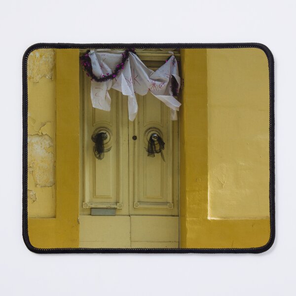 Item preview, Bright Yellow Facade With Old Double Door, Torn Paper, and Festive Garland designed and sold by Nmallia.